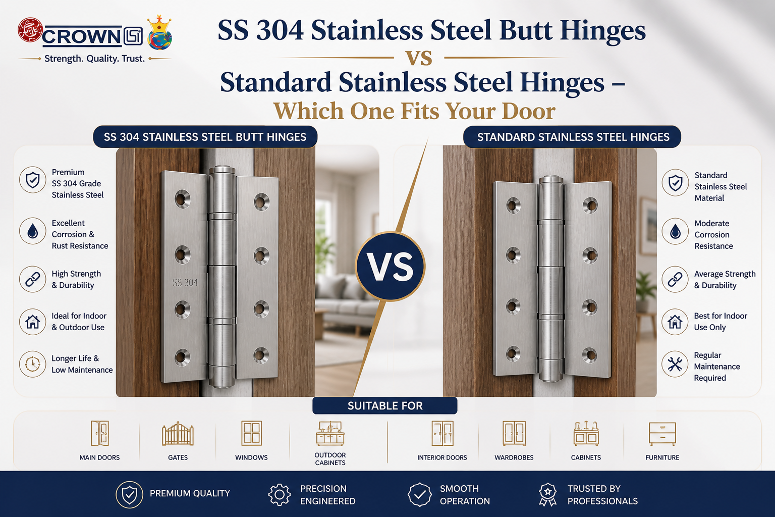 SS 304 Stainless Steel Butt Hinges vs Standard Stainless Steel Hinges – Which One Fits Your Door?